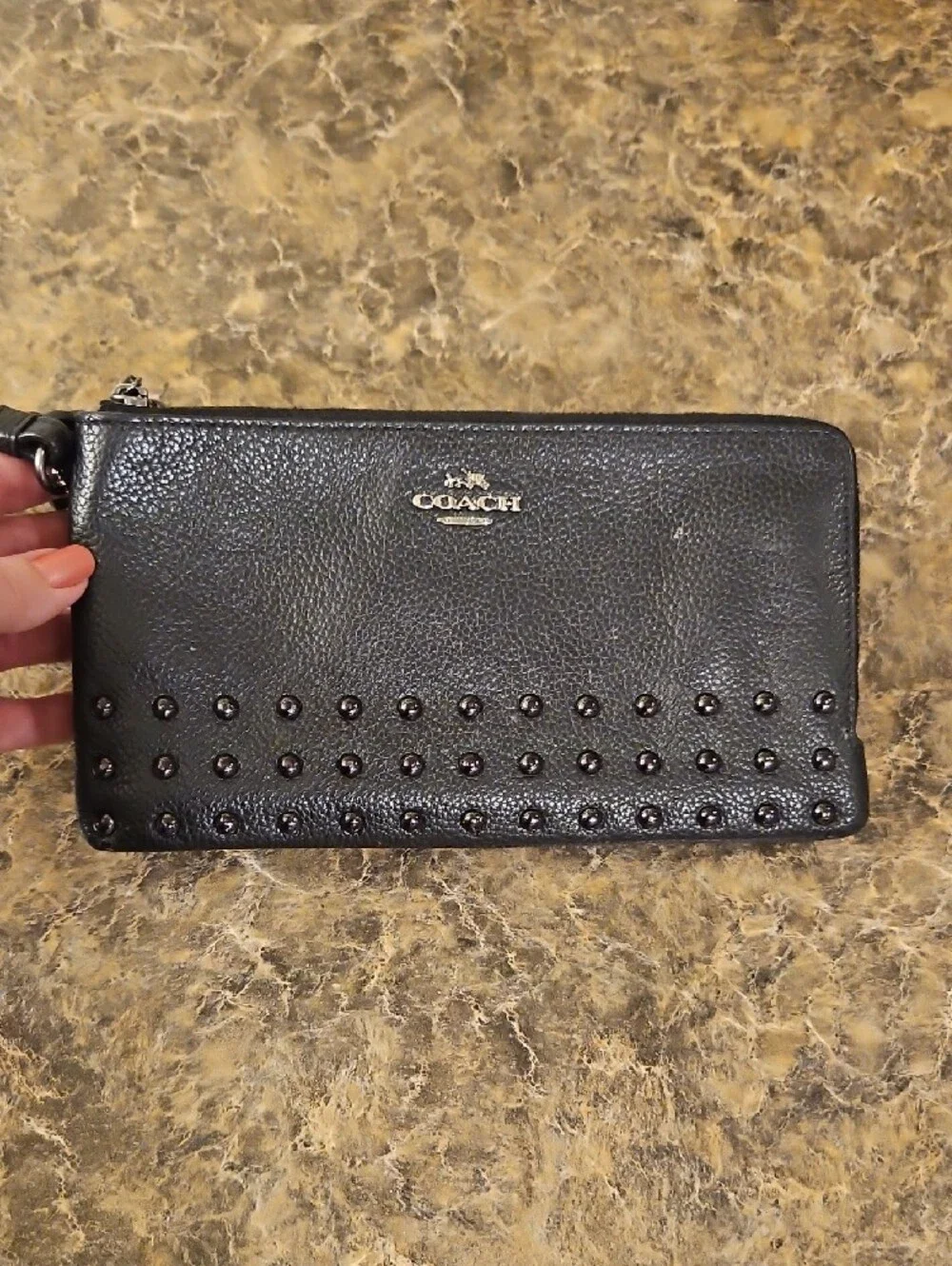 Coach Black Pebbled Leather Studded Wristlet Wallet